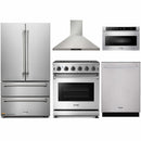Thor Kitchen 5-Piece Appliance Package - 30-Inch Gas Range with Liquid Propane Kit, French Door Refrigerator, Wall Mount Hood, Dishwasher, and Microwave Drawer in Stainless Steel