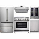 Thor Kitchen 5-Piece Appliance Package - 36-Inch Gas Range with Liquid Propane Kit, French Door Refrigerator, Under Cabinet Hood, Dishwasher, and Wine Cooler in Stainless Steel