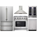 Thor Kitchen 5-Piece Appliance Package - 36-Inch Gas Range with Liquid Propane Kit, French Door Refrigerator, Wall Mount Hood, Dishwasher, and Wine Cooler in Stainless Steel