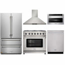 Thor Kitchen 5-Piece Appliance Package - 36-Inch Gas Range with Liquid Propane Kit, French Door Refrigerator, Wall Mount Hood, Dishwasher, and Microwave Drawer in Stainless Steel