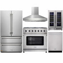 Thor Kitchen 5-Piece Appliance Package - 36-Inch Gas Range with Liquid Propane Kit, French Door Refrigerator, Wall Mount Hood, Dishwasher, and Wine Cooler in Stainless Steel