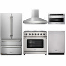 Thor Kitchen 5-Piece Appliance Package - 36-Inch Gas Range with Liquid Propane Kit, French Door Refrigerator, Pro-Style Wall Mount Hood, Dishwasher, and Microwave Drawer in Stainless Steel