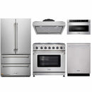 Thor Kitchen 5-Piece Appliance Package - 36-Inch Gas Range with Liquid Propane Kit, French Door Refrigerator, Under Cabinet Hood, Dishwasher, and Microwave Drawer in Stainless Steel