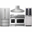 Thor Kitchen 5-Piece Appliance Package - 48-Inch Gas Range with Liquid Propane Kit, French Door Refrigerator, Pro Wall Mount Hood, Dishwasher, and Wine Cooler in Stainless Steel