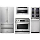 Thor Kitchen 5-Piece Appliance Package - 36-Inch Gas Range with Liquid Propane Kit, Tilt Panel, French Door Refrigerator, Dishwasher, Microwave Drawer, & Wine Cooler in Stainless Steel
