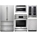 Thor Kitchen 5-Piece Appliance Package - 30-Inch Gas Range with Liquid Propane Kit, Tilt Panel, French Door Refrigerator, Dishwasher, Microwave Drawer, & Wine Cooler in Stainless Steel