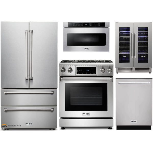 Thor Kitchen 5-Piece Appliance Package - 30-Inch Gas Range with Liquid Propane Kit, Tilt Panel, French Door Refrigerator, Dishwasher, Microwave Drawer, & Wine Cooler in Stainless Steel