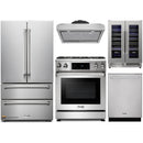 Thor Kitchen 5-Piece Appliance Package - 30-Inch Gas Range with Liquid Propane Kit, Tilt Panel, French Door Refrigerator, Under Cabinet Hood, Dishwasher, and Wine Cooler in Stainless Steel