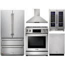 Thor Kitchen 5-Piece Appliance Package - 30-Inch Gas Range with Liquid Propane Kit, Tilt Panel, French Door Refrigerator, Wall Mount Hood, Dishwasher, and Wine Cooler in Stainless Steel
