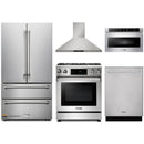 Thor Kitchen 5-Piece Appliance Package - 30-Inch Gas Range with Liquid Propane Kit, Tilt Panel, French Door Refrigerator, Wall Mount Hood, Dishwasher, and Microwave Drawer in Stainless Steel