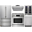 Thor Kitchen 5-Piece Appliance Package - 36-Inch Gas Range with Liquid Propane Kit, Tilt Panel, French Door Refrigerator, Under Cabinet Hood, Dishwasher, and Wine Cooler in Stainless Steel