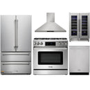 Thor Kitchen 5-Piece Appliance Package - 36-Inch Gas Range with Liquid Propane Kit, Tilt Panel, French Door Refrigerator, Wall Mount Hood, Dishwasher, and Wine Cooler in Stainless Steel