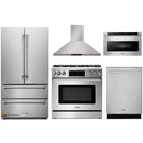 Thor Kitchen 5-Piece Appliance Package - 36-Inch Gas Range with Liquid Propane Kit, Tilt Panel, French Door Refrigerator, Wall Mount Hood, Dishwasher, and Microwave Drawer in Stainless Steel