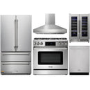 Thor Kitchen 5-Piece Appliance Package - 36-Inch Gas Range with Liquid Propane Kit, Tilt Panel, French Door Refrigerator, Pro-Style Wall Mount Hood, Dishwasher, and Wine Cooler in Stainless Steel