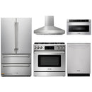 Thor Kitchen 5-Piece Appliance Package - 36-Inch Gas Range with Liquid Propane Kit, Tilt Panel, French Door Refrigerator, Pro-Style Wall Mount Hood, Dishwasher, and Microwave Drawer in Stainless Steel