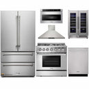 Thor Kitchen 6-Piece Pro Appliance Package - 36-Inch Dual Fuel Range with Liquid Propane Cooktop, French Door Refrigerator, Wall Mount Hood, Dishwasher, Microwave Drawer, & Wine Cooler in Stainless Steel