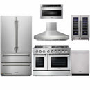 Thor Kitchen 6-Piece Pro Appliance Package - 48-Inch Dual Fuel Range with Liquid Propane Cooktop, French Door Refrigerator, Dishwasher, Pro Wall Mount Hood, Microwave Drawer, & Wine Cooler in Stainless Steel