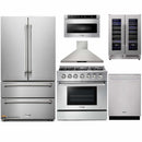 Thor Kitchen 6-Piece Pro Appliance Package - 36-Inch Gas Range with Liquid Propane Kit, French Door Refrigerator, Wall Mount Hood, Dishwasher, Microwave Drawer, & Wine Cooler in Stainless Steel
