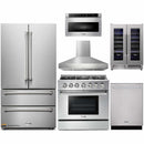 Thor Kitchen 6-Piece Pro Appliance Package - 36-Inch Gas Range with Liquid Propane Kit, French Door Refrigerator, Pro-Style Wall Mount Hood, Dishwasher, Microwave Drawer, & Wine Cooler in Stainless Steel