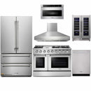 Thor Kitchen 6-Piece Pro Appliance Package - 48-Inch Gas Range with Liquid Propane Kit, French Door Refrigerator, Dishwasher, Pro Wall Mount Hood, Microwave Drawer, & Wine Cooler in Stainless Steel