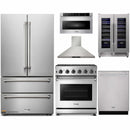 Thor Kitchen 6-Piece Appliance Package - 30-Inch Gas Range with Liquid Propane Kit, French Door Refrigerator, Wall Mount Hood, Dishwasher, Microwave Drawer, and Wine Cooler in Stainless Steel