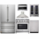 Thor Kitchen 6-Piece Appliance Package - 36-Inch Gas Range with Liquid Propane Kit, French Door Refrigerator, Wall Mount Hood, Dishwasher, Microwave Drawer, & Wine Cooler in Stainless Steel