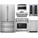 Thor Kitchen 6-Piece Appliance Package - 36-Inch Gas Range with Liquid Propane Kit, French Door Refrigerator, Under Cabinet Hood, Dishwasher, Microwave Drawer, and Wine Cooler in Stainless Steel