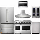 Thor Kitchen 6-Piece Appliance Package - 48-Inch Gas Range with Liquid Propane Kit, French Door Refrigerator, Pro Wall Mount Hood, Dishwasher, Microwave Drawer, and Wine Cooler in Stainless Steel