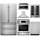 Thor Kitchen 6-Piece Appliance Package - 30-Inch Gas Range with Liquid Propane Kit, Tilt Panel, French Door Refrigerator, Wall Mount Hood, Dishwasher, Microwave Drawer, and Wine Cooler in Stainless Steel