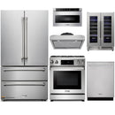 Thor Kitchen 6-Piece Appliance Package - 30-Inch Gas Range with Liquid Propane Kit, Tilt Panel, French Door Refrigerator, Under Cabinet Hood, Dishwasher, Microwave Drawer, and Wine Cooler in Stainless Steel