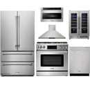 Thor Kitchen 6-Piece Appliance Package - 36-Inch Gas Range with Liquid Propane Kit, Tilt Panel, French Door Refrigerator, Wall Mount Hood, Dishwasher, Microwave Drawer, & Wine Cooler in Stainless Steel