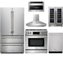 Thor Kitchen 6-Piece Appliance Package - 36-Inch Gas Range with Liquid Propane Kit, Tilt Panel, French Door Refrigerator, Pro-Style Wall Mount Hood, Dishwasher, Microwave Drawer, & Wine Cooler in Stainless Steel