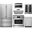 Thor Kitchen 6-Piece Appliance Package - 36-Inch Gas Range with Liquid Propane Kit, Tilt Panel, French Door Refrigerator, Under Cabinet Hood, Dishwasher, Microwave Drawer, and Wine Cooler in Stainless Steel