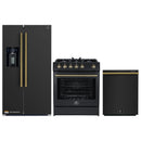 Forno 3-Piece Appliance Package - 30-Inch Gas Range, Refrigerator with Water Dispenser, and Dishwasher in Black with Antique Brass Trim