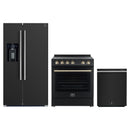 Forno Espresso 3-Piece Appliance Package - 30-Inch Electric Range, Refrigerator with Water Dispenser and Dishwasher in Black with Antique Brass Trim