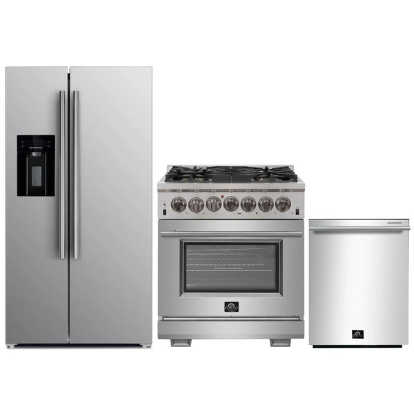 Forno 3-Piece Pro Appliance Package - 30-Inch Dual Fuel Range, Refrigerator with Water Dispenser, & Dishwasher in Stainless Steel
