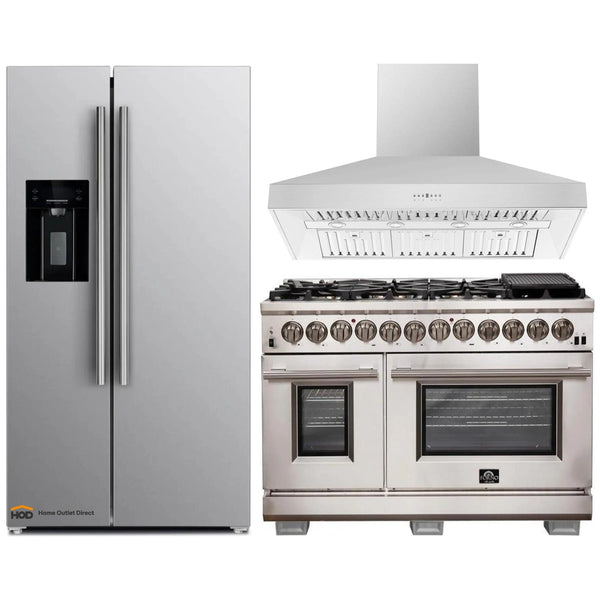 Forno 3-Piece Appliance Package - 48-Inch Dual Fuel Range, Refrigerator with Water Dispenser, & Wall Mount Hood in Stainless Steel