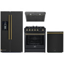 Forno 4-Piece Appliance Package - 30-Inch Gas Range, Under Cabinet Range Hood, Refrigerator with Water Dispenser, and Dishwasher in Black with Antique Brass Trim