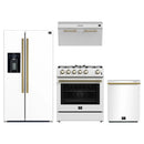 Forno 4-Piece Appliance Package - 30-Inch Gas Range, Under Cabinet Range Hood, Refrigerator with Water Dispenser, and Dishwasher in White with Antique Brass Trim