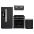 Forno Espresso 4-Piece Appliance Package - 30-Inch Electric Range, Under Cabinet Range Hood, Refrigerator with Water Dispenser and Dishwasher in Black with Antique Brass Trim