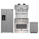 Forno 4-Piece Appliance Package - 36-Inch Dual Fuel Range, Refrigerator with Water Dispenser, Wall Mount Hood with Backsplash, & 3-Rack Dishwasher in Stainless Steel