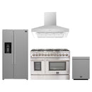 Forno 4-Piece Appliance Package - 48-Inch Dual Fuel Range, Refrigerator with Water Dispenser, Wall Mount Hood, & 3-Rack Dishwasher in Stainless Steel
