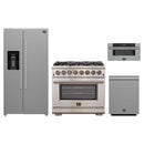 Forno 4-Piece Pro Appliance Package - 36-Inch Dual Fuel Range, Refrigerator with Water Dispenser, 30-Inch Microwave Drawer, & 3-Rack Dishwasher in Stainless Steel