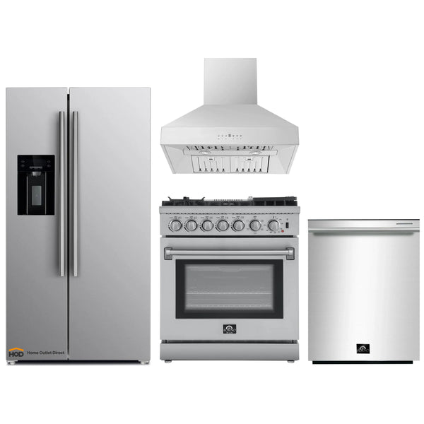 Forno 4-Piece Appliance Package - 30-Inch Dual Fuel Range with Air Fryer, Refrigerator with Water Dispenser, Wall Mount Hood, & 3-Rack Dishwasher in Stainless Steel