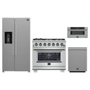 Forno 4-Piece Pro Appliance Package - 36-Inch Gas Range, Refrigerator with Water Dispenser, 30-Inch Microwave Drawer, & 3-Rack Dishwasher in Stainless Steel