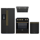 Forno 4-Piece Appliance Package - 30-Inch Induction Range, Under Cabinet Range Hood, French Door Refrigerator with Water Dispenser, and Dishwasher in Black with Antique Brass Trim