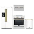 Forno 4-Piece Appliance Package - 30-Inch Induction Range, Under Cabinet Range Hood, French Door Refrigerator with Water Dispenser, and Dishwasher in White with Antique Brass Trim