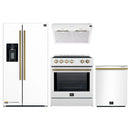 Forno 4-Piece Appliance Package - 30-Inch Induction Range, Under Cabinet Range Hood, French Door Refrigerator with Water Dispenser, and Dishwasher in White with Antique Brass Trim