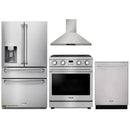Thor Kitchen A-Series 4-Piece Appliance Package - 30-Inch Gas Range, Wall Mount Range Hood, Refrigerator with Water Dispenser, and Dishwasher in Stainless Steel
