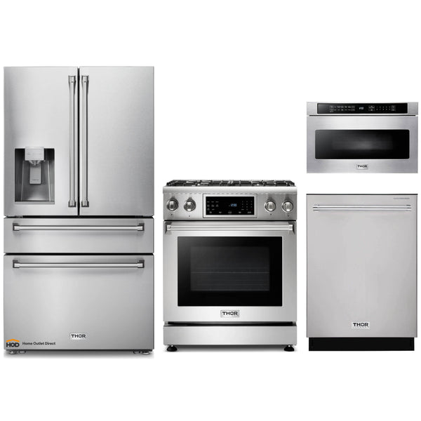 Thor Kitchen 4-Piece Appliance Package - 30-Inch Gas Range with Liquid Propane Kit, Tilt Panel, Refrigerator with Water Dispenser, Dishwasher, & Microwave Drawer in Stainless Steel